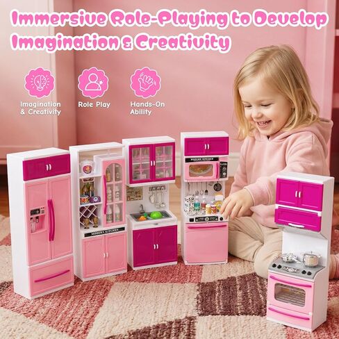 5 in 1 Kids Kitchen Playset Toys with Light & Sound, Doll House Furniture Accessories, 64 PCS Pretend Cooking Food Set, Play Kitchen for Toddlers, Gifts for Girl Ages 3-5 Year Old in Saudi Arabia