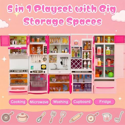 5 in 1 Kids Kitchen Playset Toys with Light & Sound, Doll House Furniture Accessories, 64 PCS Pretend Cooking Food Set, Play Kitchen for Toddlers, Gifts for Girl Ages 3-5 Year Old in Saudi Arabia