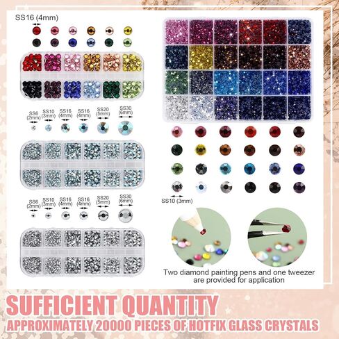 20000 Pcs Glass Hotfix Rhinestones for Bedazzling Mixed 24 Colors SS10, 12 Colors SS16, Bedazzling Kit Flatback Crystal AB Rhinestone with 2 Picking Pen 1 Tweezer for Crafting, Cloth, Nail in Saudi Arabia