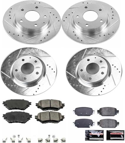 طقم فرامل أمامية وخلفية PowerStop لسيارة Mazda 3 2017-18 - دوارات قرصية مثقوبة ومشقوقة مع استبدال وسادات الفرامل المصنوعة من السيراميك من ألياف الكربون، K7518 in Kuwait