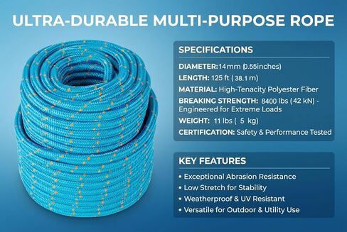 15-224 Double Braided Arborist Rope 0.55in. x 50ft. 8400 Lbs Breaking Strength Static Rope for Tree Work, Camping, Halyard, Swing, Sailing, Blue in Kuwait