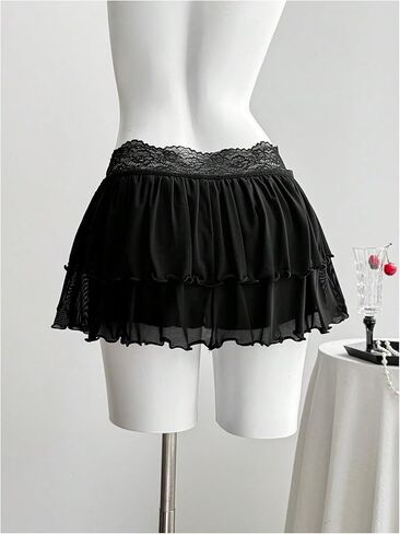 SOLY HUX Women's Y2k Lace Ruffle Mini Skirt Bow Elastic Low Rise Layered A Line Skirts Party Going Out Outfits in Saudi Arabia