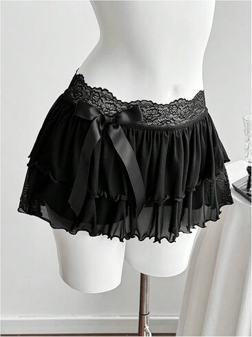 SOLY HUX Women's Y2k Lace Ruffle Mini Skirt Bow Elastic Low Rise Layered A Line Skirts Party Going Out Outfits in Saudi Arabia