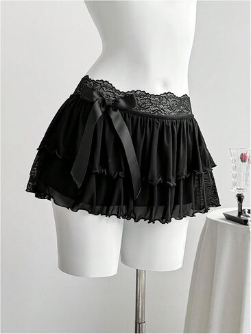 SOLY HUX Women's Y2k Lace Ruffle Mini Skirt Bow Elastic Low Rise Layered A Line Skirts Party Going Out Outfits in Saudi Arabia