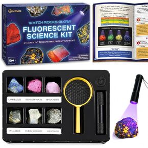 PIBEX Fluorescent Rock Science Kit with UV Flashlight - 6 Natural UV Glowing Rocks & Minerals Collection (~1.5" Each), Educational Geology Toy, Light-Up STEM Gifts for Kids Ages 6-12 in Kuwait