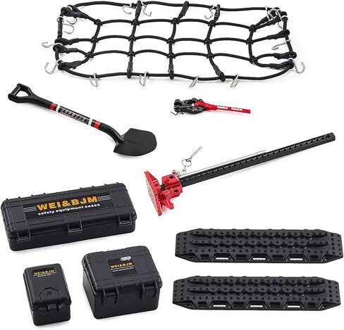 8/9PCS RC Crawler Accessories Set, 1/10 Scale Decoration Recovery Tool Kit with Roof Luggage Net, Shovel, Fire Extinguisher Car Upgrades for Axial SCX10 Traxxas TRX4 (9, Black & Red-1/10) in Saudi Arabia