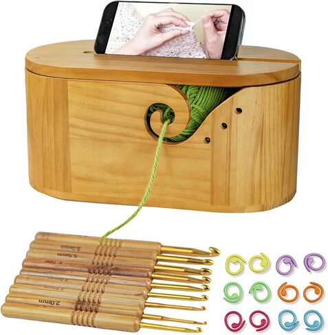 Large Oval Wooden Yarn Bowl for crocheting,Handmade Yarn Holder Storage for Knitting,Anti-tangle crochet organizer Set with Knitting Accessories,Gifts for Crocheters Knitters Mothers Christmas in Saudi Arabia