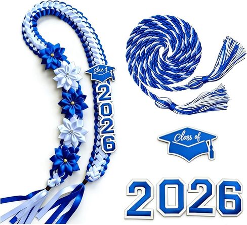 Handmade Class of 2026 Graduation Lei Red Black Ribbon Lei with Cap Charm DIY Customizable Photo Prop Keepsake Gift for High School College Senior Ceremony(Blue White) in Saudi Arabia
