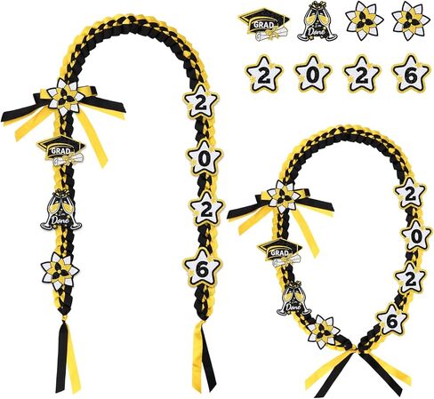 Graduation Leis 2026، Graduation Money Lei 2026 مع 8 رقع لامعة مصنوعة يدويًا من شريط مضفر مصنوع يدويًا لتزيين حفلات التخرج وعناصر أفكار (أزرق وذهبي) in Kuwait
