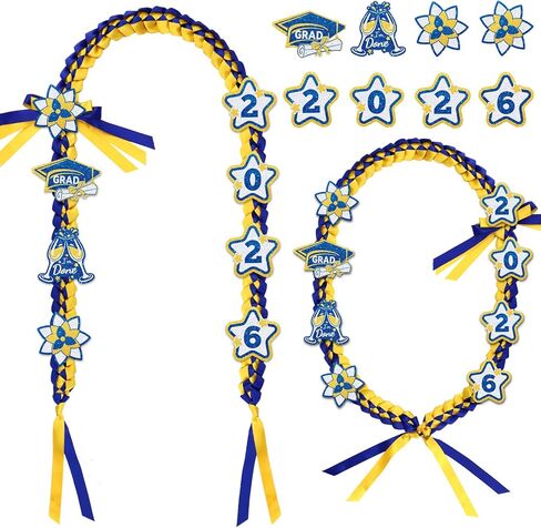 Graduation Leis 2026، Graduation Money Lei 2026 مع 8 رقع لامعة مصنوعة يدويًا من شريط مضفر مصنوع يدويًا لتزيين حفلات التخرج وعناصر أفكار (أزرق وذهبي) in Kuwait