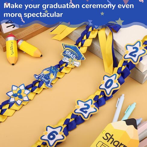 Graduation Leis 2026، Graduation Money Lei 2026 مع 8 رقع لامعة مصنوعة يدويًا من شريط مضفر مصنوع يدويًا لتزيين حفلات التخرج وعناصر أفكار (أزرق وذهبي) in Kuwait