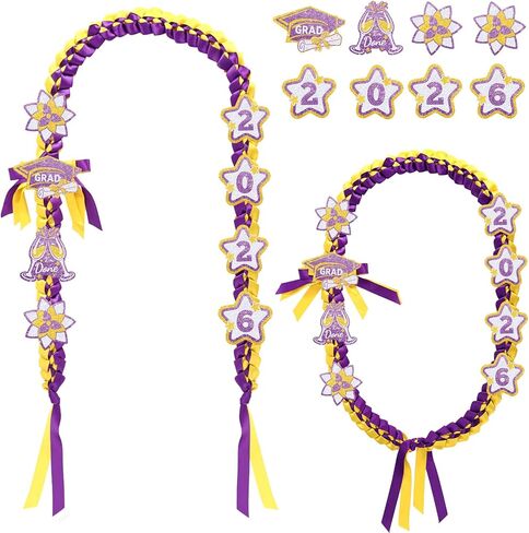 Graduation Leis 2026، Graduation Money Lei 2026 مع 8 رقع لامعة مصنوعة يدويًا من شريط مضفر مصنوع يدويًا لتزيين حفلات التخرج وعناصر أفكار (أزرق وذهبي) in Kuwait