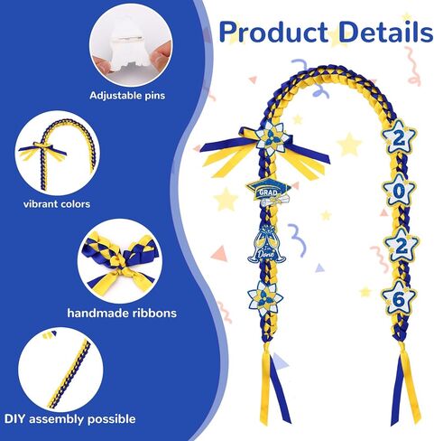 Graduation Leis 2026، Graduation Money Lei 2026 مع 8 رقع لامعة مصنوعة يدويًا من شريط مضفر مصنوع يدويًا لتزيين حفلات التخرج وعناصر أفكار (أزرق وذهبي) in Kuwait