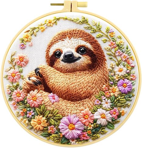 Zhenqing Sloth Embroidery Kit for Beginners, Pre-Printed 29x29cm Cotton Fabric with 20cm Hoop, Cute Animal in Flowers Design for Home Decor (C0069) in Kuwait