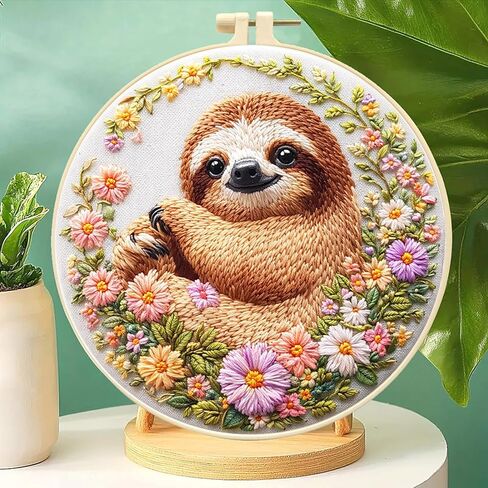 Zhenqing Sloth Embroidery Kit for Beginners, Pre-Printed 29x29cm Cotton Fabric with 20cm Hoop, Cute Animal in Flowers Design for Home Decor (C0069) in Kuwait