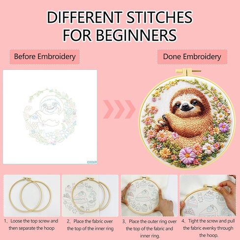 Zhenqing Sloth Embroidery Kit for Beginners, Pre-Printed 29x29cm Cotton Fabric with 20cm Hoop, Cute Animal in Flowers Design for Home Decor (C0069) in Kuwait