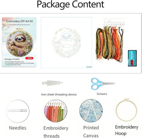 Zhenqing Sloth Embroidery Kit for Beginners, Pre-Printed 29x29cm Cotton Fabric with 20cm Hoop, Cute Animal in Flowers Design for Home Decor (C0069) in Kuwait