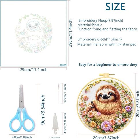 Zhenqing Sloth Embroidery Kit for Beginners, Pre-Printed 29x29cm Cotton Fabric with 20cm Hoop, Cute Animal in Flowers Design for Home Decor (C0069) in Kuwait