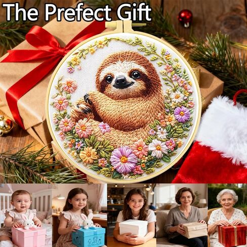 Zhenqing Sloth Embroidery Kit for Beginners, Pre-Printed 29x29cm Cotton Fabric with 20cm Hoop, Cute Animal in Flowers Design for Home Decor (C0069) in Kuwait