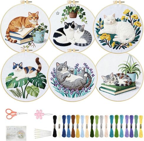 FREEBLOSS 6 Set Embroidery Kit Cat and Flower Stamped Embroidery Starter Kit with Step by Step Instructions, Colored Threads, 2 Hoops, Needlepoint Kits for Hand Craft Lovers Gift, 30cm/11.8inch in Kuwait