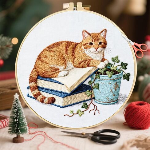 FREEBLOSS 6 Set Embroidery Kit Cat and Flower Stamped Embroidery Starter Kit with Step by Step Instructions, Colored Threads, 2 Hoops, Needlepoint Kits for Hand Craft Lovers Gift, 30cm/11.8inch in Kuwait