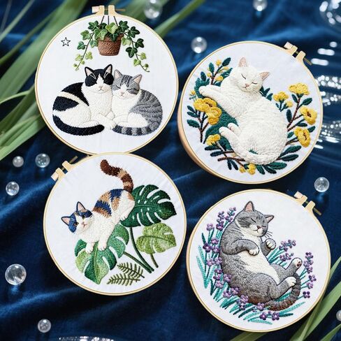 FREEBLOSS 6 Set Embroidery Kit Cat and Flower Stamped Embroidery Starter Kit with Step by Step Instructions, Colored Threads, 2 Hoops, Needlepoint Kits for Hand Craft Lovers Gift, 30cm/11.8inch in Kuwait
