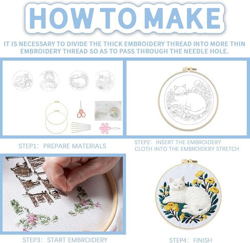 FREEBLOSS 6 Set Embroidery Kit Cat and Flower Stamped Embroidery Starter Kit with Step by Step Instructions, Colored Threads, 2 Hoops, Needlepoint Kits for Hand Craft Lovers Gift, 30cm/11.8inch in Kuwait