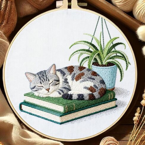 FREEBLOSS 6 Set Embroidery Kit Cat and Flower Stamped Embroidery Starter Kit with Step by Step Instructions, Colored Threads, 2 Hoops, Needlepoint Kits for Hand Craft Lovers Gift, 30cm/11.8inch in Kuwait