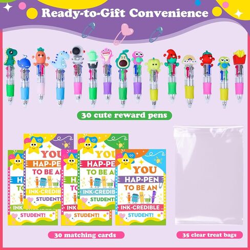 30 Sets End of Year Student Gifts from Teacher, 4-In-1 Multicolor Retractable Ballpoint Pens with Cards, Bulk Graduation Last Day of School Gifts for Kids, Kindergarten & Preschool from Teacher in Saudi Arabia