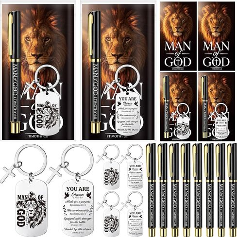 Gueevin 12 Sets Man of God Christian Gifts for Fathers Day Bulk, Bible Verse Keychain Pen and Card Religious Gift Set for Men Dad Pastor Church in Kuwait