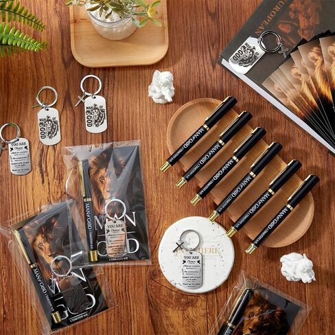 Gueevin 12 Sets Man of God Christian Gifts for Fathers Day Bulk, Bible Verse Keychain Pen and Card Religious Gift Set for Men Dad Pastor Church in Kuwait