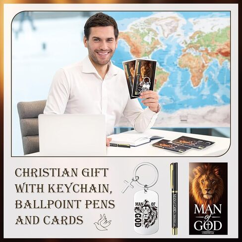 Gueevin 12 Sets Man of God Christian Gifts for Fathers Day Bulk, Bible Verse Keychain Pen and Card Religious Gift Set for Men Dad Pastor Church in Kuwait
