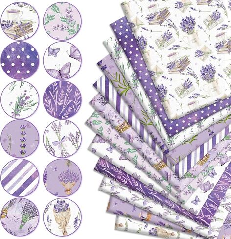 JarThenaAMCS 12Pcs Lavender Cotton Fabric Bundles Fat Quarters Purple White Flower Butterfly Quilting Patchwork for Spring DIY Sewing Craft Decor, 18 x 22 Inch in Kuwait