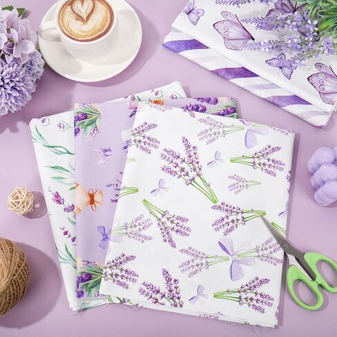 JarThenaAMCS 12Pcs Lavender Cotton Fabric Bundles Fat Quarters Purple White Flower Butterfly Quilting Patchwork for Spring DIY Sewing Craft Decor, 18 x 22 Inch in Kuwait