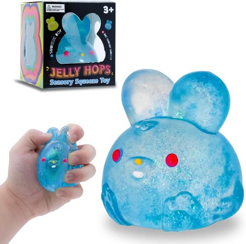 Stress Relief Blue Glitter Bunny Squeeze Toy - Jelly Hops Sensory Squishy Fidget Toy, Anxiety Calming Soft Jelly Ball for Kids & Adults, ADHD Autism in Saudi Arabia