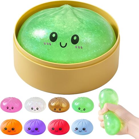 Dumpling Squishies, Glitter Dumpling Mystery Box, Colorful Dumplings Stress Balls Fidget Sensory Toy, Stocking Stuffers with Food Steamer Stretchy Desk Toys (Glitter Green) in Saudi Arabia