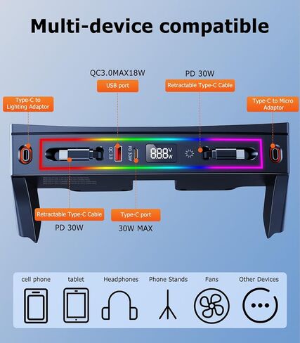 for Honda CRV Car Charger USB Hub with RGB Light, 4-Port Retractable Cable Docking Station for Honda CR-V Accessories 2026 2025 2024 2023, Center Console Phone Fast Charger Hub Voltage Display in Saudi Arabia