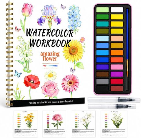Watercolor Workbook - Water Coloring Book Set for Adults. 14 Beautiful Flower Designs Water Colors Book, 24-Color Watercolor Paint, 3 Brush Pens, 300g Watercolor Paper, Friendly for Beginners in Saudi Arabia