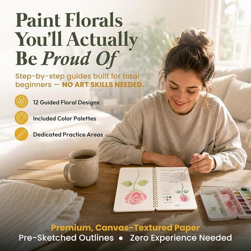 Only Zest Watercolor Workbook for Beginners - 12 Guided Floral Paintings, 320 GSM Paper, 6.49 x 9 in Spiral Watercolor Coloring Book with Step-by-Step Guides - Relaxing & Easy Workbook Kit for Adults in Saudi Arabia