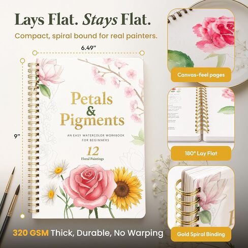 Only Zest Watercolor Workbook for Beginners - 12 Guided Floral Paintings, 320 GSM Paper, 6.49 x 9 in Spiral Watercolor Coloring Book with Step-by-Step Guides - Relaxing & Easy Workbook Kit for Adults in Saudi Arabia
