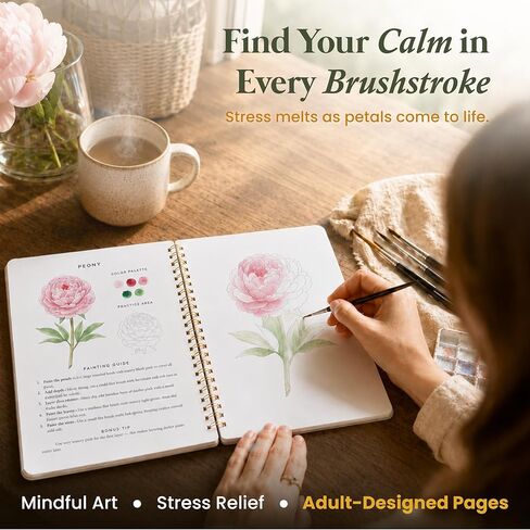 Only Zest Watercolor Workbook for Beginners - 12 Guided Floral Paintings, 320 GSM Paper, 6.49 x 9 in Spiral Watercolor Coloring Book with Step-by-Step Guides - Relaxing & Easy Workbook Kit for Adults in Saudi Arabia