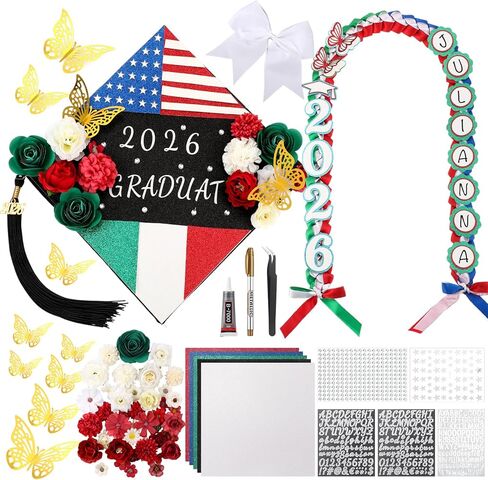 Dunzoom 66pcs DIY قبعة التخرج مجموعة الزينة، الولايات المتحدة والمكسيك العلم Grad قبعة القبعات العالية 2026 سرق وشاح 3D فراشة فو زهرة رقم إلكتروني أحجار الراين لديكور حفلة التخرج in Kuwait