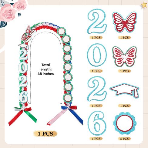 Dunzoom 66pcs DIY قبعة التخرج مجموعة الزينة، الولايات المتحدة والمكسيك العلم Grad قبعة القبعات العالية 2026 سرق وشاح 3D فراشة فو زهرة رقم إلكتروني أحجار الراين لديكور حفلة التخرج in Kuwait