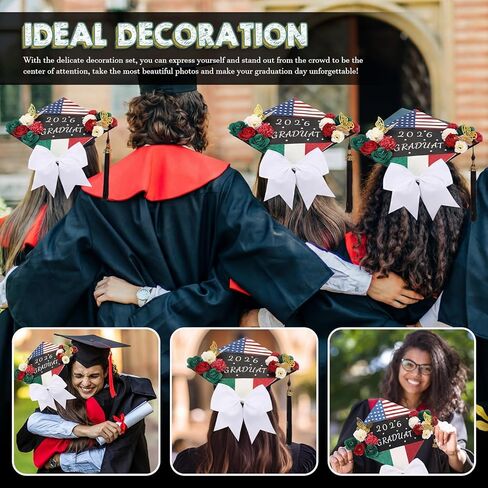 Dunzoom 66pcs DIY قبعة التخرج مجموعة الزينة، الولايات المتحدة والمكسيك العلم Grad قبعة القبعات العالية 2026 سرق وشاح 3D فراشة فو زهرة رقم إلكتروني أحجار الراين لديكور حفلة التخرج in Kuwait