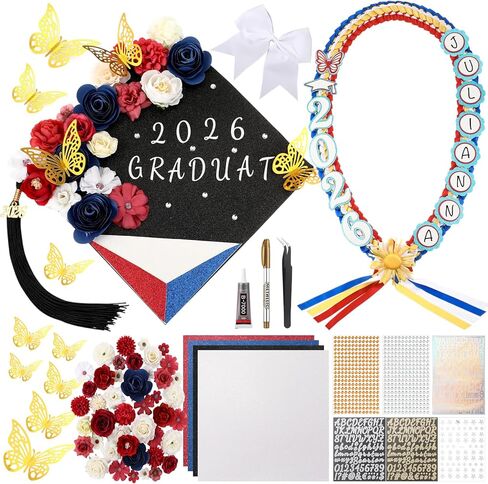 Dunzoom 66pcs DIY قبعة التخرج مجموعة الزينة، الولايات المتحدة والمكسيك العلم Grad قبعة القبعات العالية 2026 سرق وشاح 3D فراشة فو زهرة رقم إلكتروني أحجار الراين لديكور حفلة التخرج in Kuwait