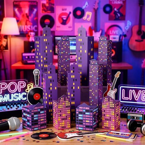 ReliThick 24 Pcs Kpop Party Decorations 3D Cardboard Purple Skyscraper Backdrop Stands Candy Treat Gifts Box for Birthday Prom Music Korean Fan Event Kpop Party Favors Supplies Decor in Saudi Arabia