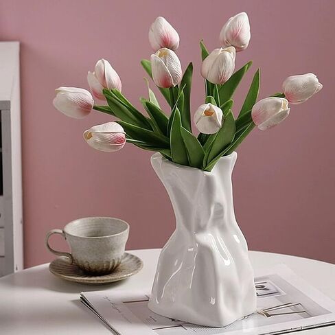 Paper Bag Vase for Flower, Unique Crinkle Design White Ceramic Vase, Flower Vase for Aesthetic Home Decor, Wedding Dinner Table Party Christmas Decorative in Saudi Arabia