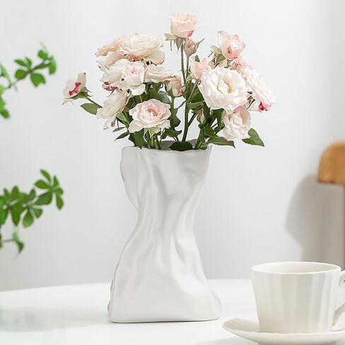 Paper Bag Vase for Flower, Unique Crinkle Design White Ceramic Vase, Flower Vase for Aesthetic Home Decor, Wedding Dinner Table Party Christmas Decorative in Saudi Arabia