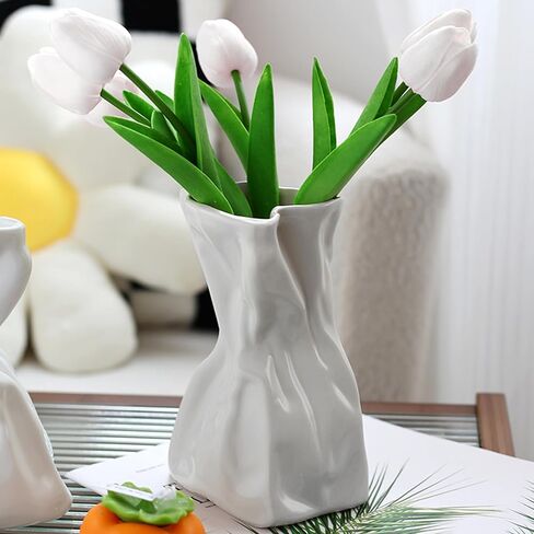 Paper Bag Vase for Flower, Unique Crinkle Design White Ceramic Vase, Flower Vase for Aesthetic Home Decor, Wedding Dinner Table Party Christmas Decorative in Saudi Arabia