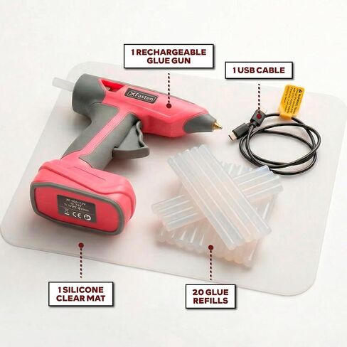 XFasten Pink Cordless Hot Glue Gun and Sticks Set, USB-C Rechargeable with 7.2V Battery, 15s Fast Preheating with 20 Pcs Crystal Clear Mini Glue Sticks and Silicone Mat for Crafts DIY Home Repairs in Kuwait